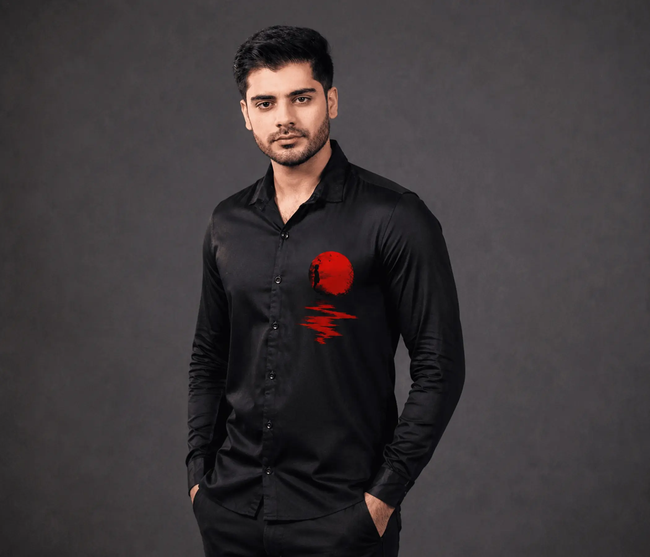 Jet Black Hand-Painted Crimson Sun Shirt for Perfect Mens Collection